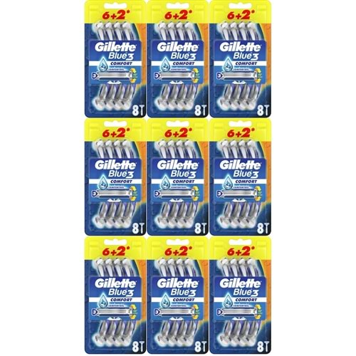 Gillette Blue3 Comfort Kullan At Tıraş Bıçağı (6+2) Toplam 72 Adet (Avantaj Pk) (9 Lu Set)