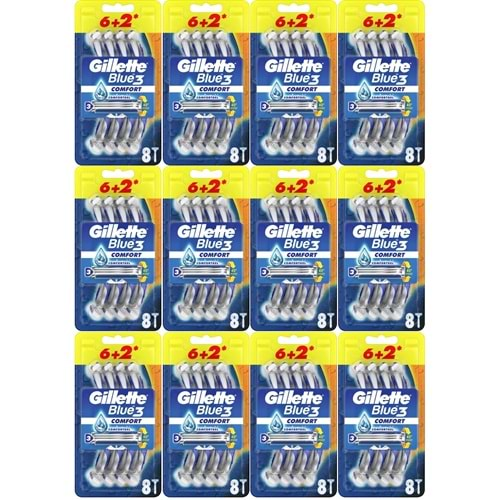 Gillette Blue3 Comfort Kullan At Tıraş Bıçağı (6+2) Toplam 96 Adet (Avantaj Pk) (12 Li Set)