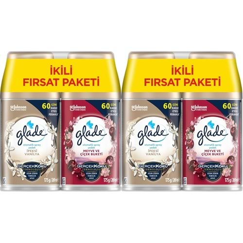 Glade Oda Kokusu Otomatik Sprey Yedek 269ML (4 Lü Set) İpeksi Vanilya ve Meyve Çiçek Buketi (2PK*2)