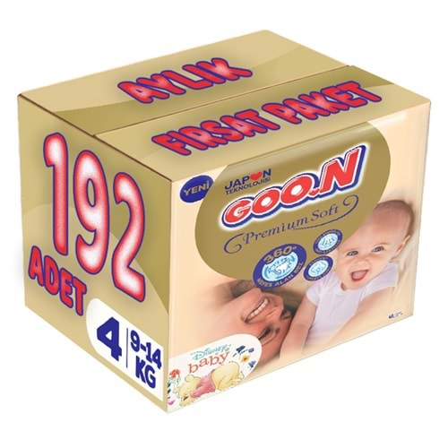 Goon Premium Soft Bebek Bezi Beden:4 (9-14Kg) Maxi 192 Adet Aylık Fırsat Pk