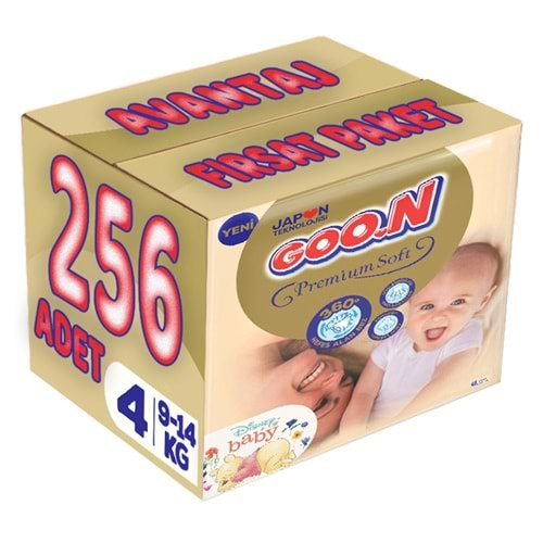 Goon Premium Soft Bebek Bezi Beden:4 (9-14Kg) Maxi 256 Adet Avantaj Fırsat Pk