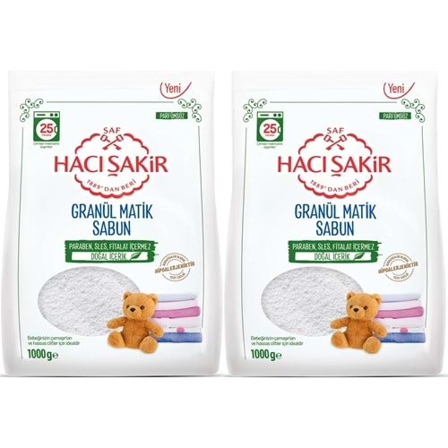 Hacı Şakir Sabun Tozu Granül Matik 2KG Parfümsüz (Bebekler/Hassas Ciltler İçin) 50 Yıkama (2PK*1KG)