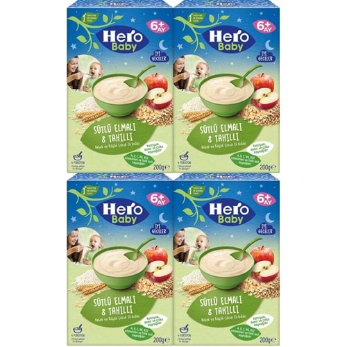 Hero Baby Kaşık Maması 200GR Gece Sütlü Elmalı 8 Tahıllı 4 Lü Set