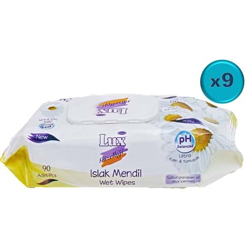 Lux Islak Havlu Mendil 90 Yaprak Papatya (9 Lu Set) Plastik Kapaklı