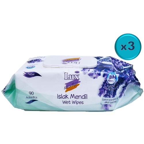 Lux Islak Havlu Mendil 90 Yaprak Lavanta (3 Lü Set) Plastik Kapaklı