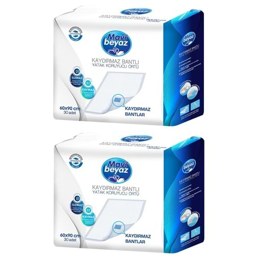 Mavi Beyaz Hasta Alt Açma Yatak Koruyucu Örtü 60*90 Cm 60 Adet (2Pk*30) Kaydırmaz Bantlı