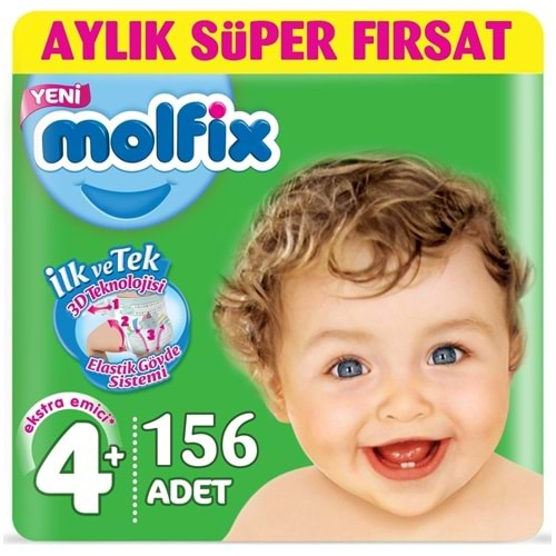 Molfix Bebek Bezi Beden:4+ (9-20Kg) Maxi Plus 156 Adet Aylık Fırsat Pk + 9 Adet Islak Havlu