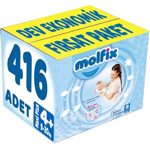 Molfix Bebek Bezi Beden:4+ (9-20Kg) Maxi Plus 416 Adet Dev Ekonomik Fırsat Pk