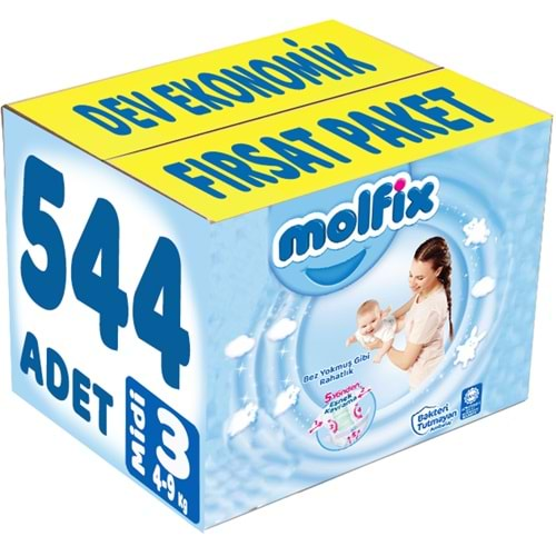 Molfix Bebek Bezi Beden:3 (4-9Kg) Midi 544 Adet Dev Ekonomik Fırsat Pk