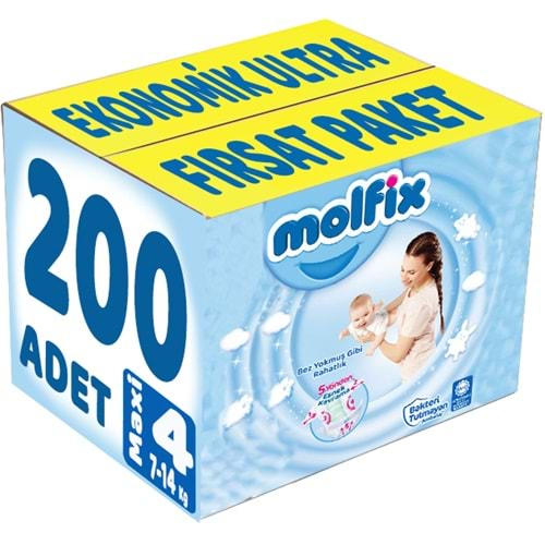 Molfix Bebek Bezi Beden:4 (7-14Kg) Maxi 200 Adet Ekonomik Ultra Fırsat Pk