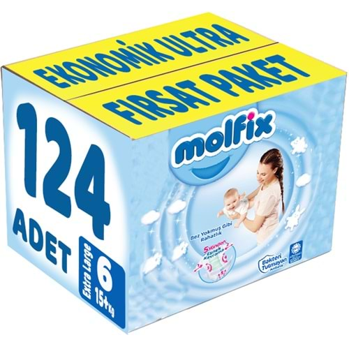 Molfix Bebek Bezi Beden:6 (15+Kg) Extra Large 124 Adet Ekonomik Ultra Fırsat Pk