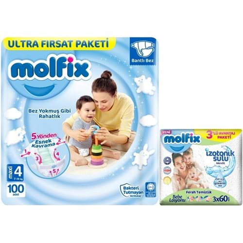 Molfix Bebek Bezi Beden:4 (7-14Kg) Maxi 100 Adet Ultra Fırsat Pk+3 Adet Islak Mendil