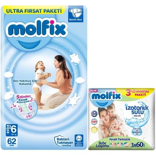 Molfix Bebek Bezi Beden:6 (15+Kg) Extra Large 62 Adet Ultra Fırsat Pk+3 Adet Islak Mendil