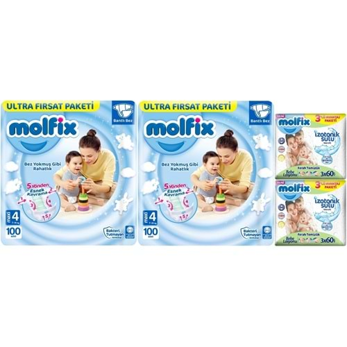 Molfix Bebek Bezi Beden:4 (7-14Kg) Maxi 200 Adet Ekonomik Ultra Fırsat Pk+6 Adet Islak Mendil