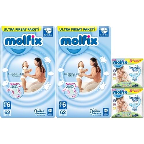 Molfix Bebek Bezi Beden:6 (15+Kg) Extra Large 124 Adet Ekonomik Ultra Fırsat Pk+6 Adet Islak Mendil