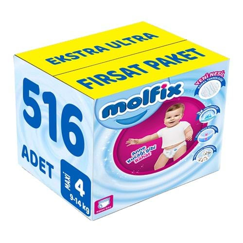 Molfix Külot Bebek Bezi Beden:4 (9-14Kg) Maxi 516 Adet Ekstra Ultra Fırsat Pk