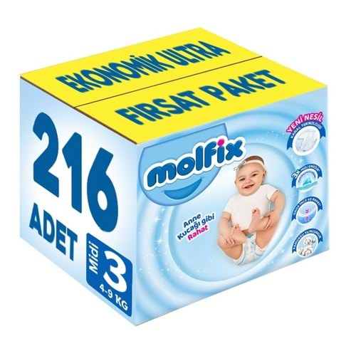 Molfix Bebek Bezi Beden:3 (4-9Kg) Midi 216 Adet Ekonomik Ultra Fırsat Pk