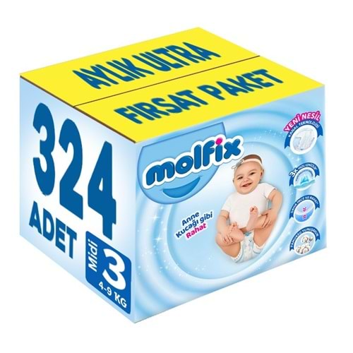 Molfix Bebek Bezi Beden:3 (4-9Kg) Midi 324 Adet Aylık Ultra Fırsat Pk