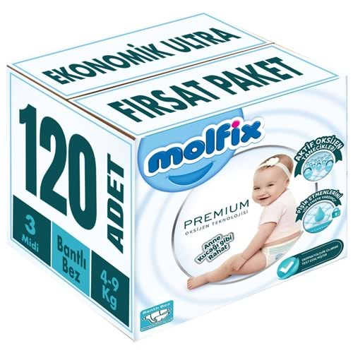 Molfix Premium Bebek Bezi Beden:3 (4-9KG) Midi 120 Adet Ekonomik Ultra Fırsat Pk