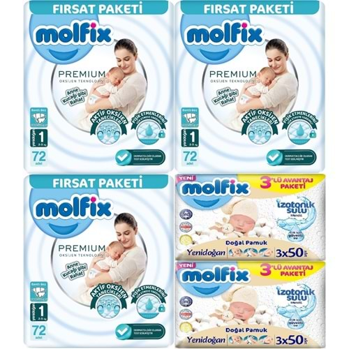 Molfix Premium Bebek Bezi Beden:1 (2-5KG) Yeni Doğan 216 Ad Aylık Ultra Fırsat Pk+ 6 Ad Islak Mendil