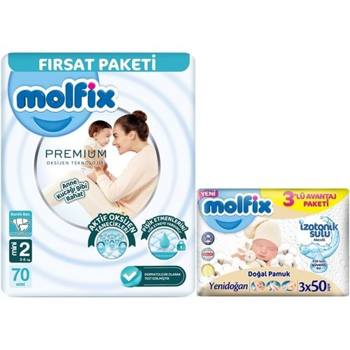 Molfix Premium Bebek Bezi Beden:2 (3-6KG) Mini 70 Adet Fırsat Pk + 3 Adet Islak Mendil