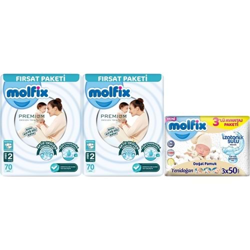 Molfix Premium Bebek Bezi Beden:2 (3-6KG) Mini 140 Ad Ekonomik Ultra Fırsat Pk+ 3 Adet Islak Mendil