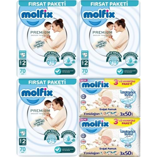 Molfix Premium Bebek Bezi Beden:2 (3-6KG) Mini 210 Adet Aylık Ultra Fırsat Pk + 6 Adet Islak Mendil