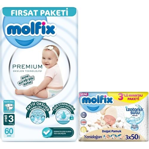 Molfix Premium Bebek Bezi Beden:3 (4-9KG) Midi 60 Adet Fırsat Pk + 3 Adet Islak Mendil