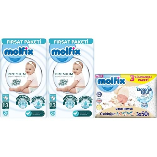 Molfix Premium Bebek Bezi Beden:3 (4-9KG) Midi 120 Adet Fırsat Pk + 3 Adet Islak Mendil