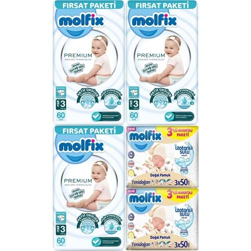 Molfix Premium Bebek Bezi Beden:3 (4-9KG) Midi 180 Adet Fırsat Pk + 6 Adet Islak Mendil