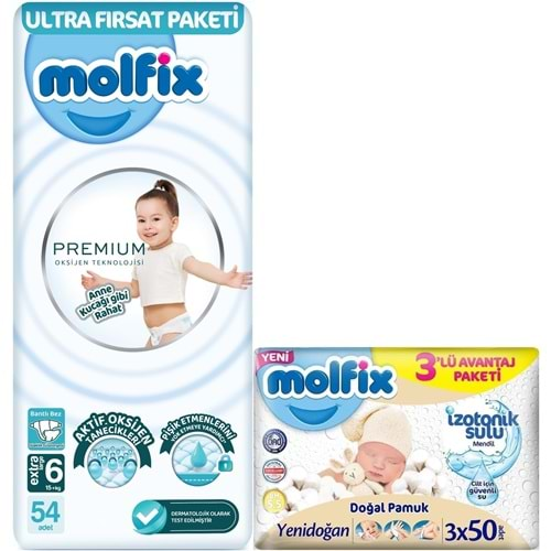 Molfix Premium Bebek Bezi Beden:6 (15+KG) Extra Large 54 Adet Ultra Fırsat Pk + 3 Adet Islak Mendil