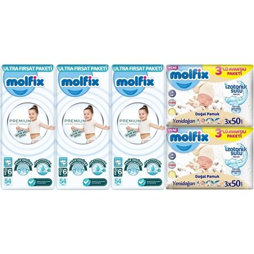 Molfix Premium Bebek Bezi Beden:6 (15+KG) Extra Large 162 Adet Ultra Fırsat Pk + 6 Adet Islak Mendil