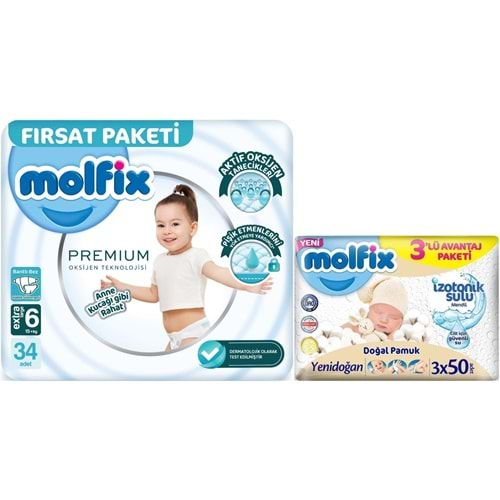 Molfix Premium Bebek Bezi Beden:6 (15+KG) Extra Large 34 Adet Fırsat Pk + 3 Adet Islak Mendil