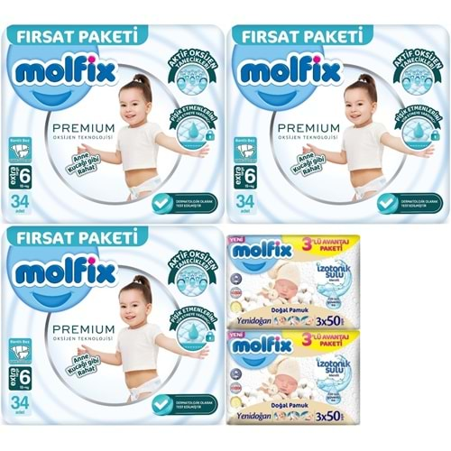 Molfix Premium Bebek Bezi Beden:6 (15+KG) Extra Large 102 Adet Fırsat Pk + 6 Adet Islak Mendil