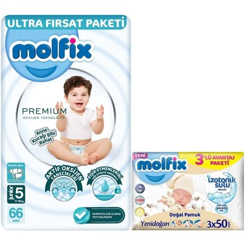 Molfix Premium Bebek Bezi Beden:5 (11-18KG) Junior 66 Adet Ultra Fırsat Pk + 3 Adet Islak Mendil