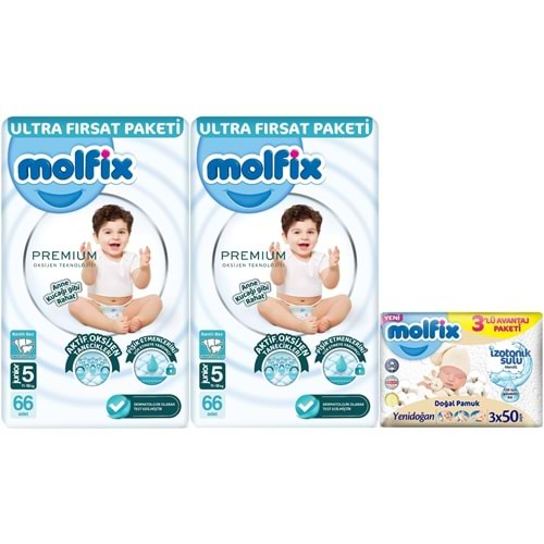 Molfix Premium Bebek Bezi Beden:5 (11-18KG) Junior 132 Adet Ultra Fırsat Pk + 3 Adet Islak Mendil