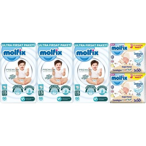 Molfix Premium Bebek Bezi Beden:5 (11-18KG) Junior 198 Adet Ultra Fırsat Pk + 6 Adet Islak Mendil