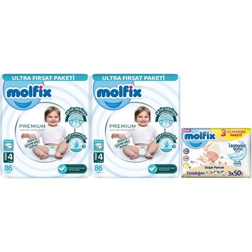 Molfix Premium Bebek Bezi Beden:4 (7-14KG) Maxi 172 Adet Ultra Fırsat Pk + 3 Adet Islak Mendil