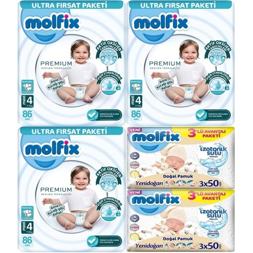 Molfix Premium Bebek Bezi Beden:4 (7-14KG) Maxi 258 Adet Ultra Fırsat Pk + 6 Adet Islak Mendil