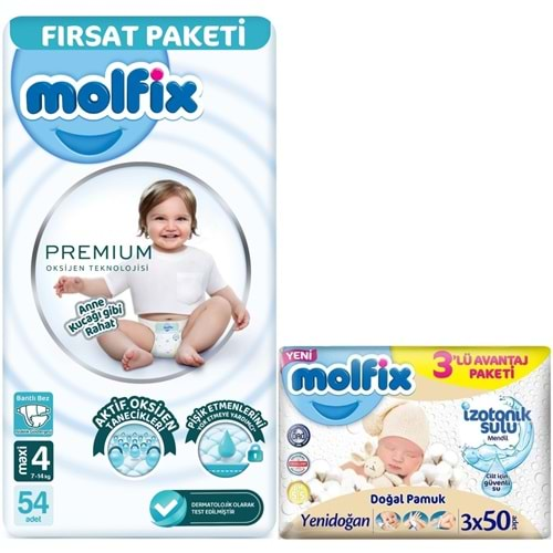 Molfix Premium Bebek Bezi Beden:4 (7-14KG) Maxi 54 Adet Fırsat Pk + 3 Adet Islak Mendil