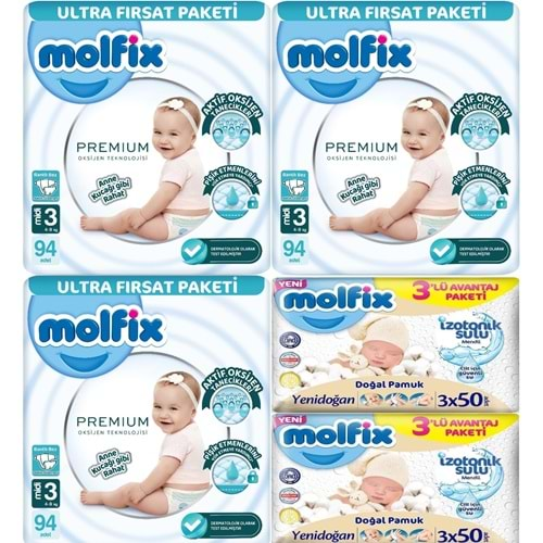 Molfix Premium Bebek Bezi Beden:3 (4-9KG) Midi 282 Adet Ultra Fırsat Pk + 6 Adet Islak Mendil