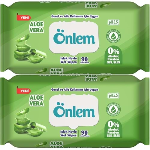 Önlem Islak Havlu Mendil 90 Yaprak Aloe Vera Plastik Kapaklı (2 Li Set) (180 Yaprak)