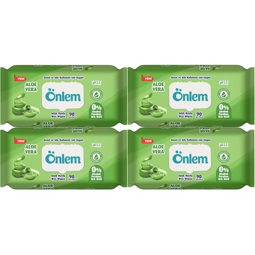 Önlem Islak Havlu Mendil 90 Yaprak Aloe Vera Plastik Kapaklı (4 Lü Set) (360 Yaprak)