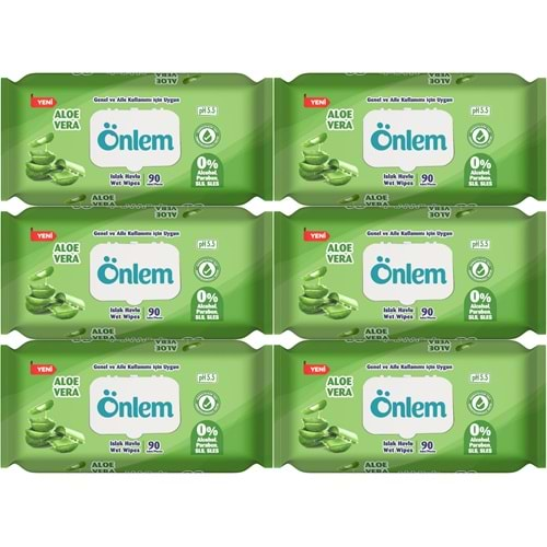 Önlem Islak Havlu Mendil 90 Yaprak Aloe Vera Plastik Kapaklı (6 Lı Set) (540 Yaprak)