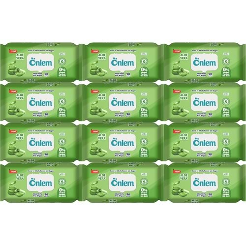 Önlem Islak Havlu Mendil 90 Yaprak Aloe Vera Plastik Kapaklı (12 Li Set) (1080 Yaprak)