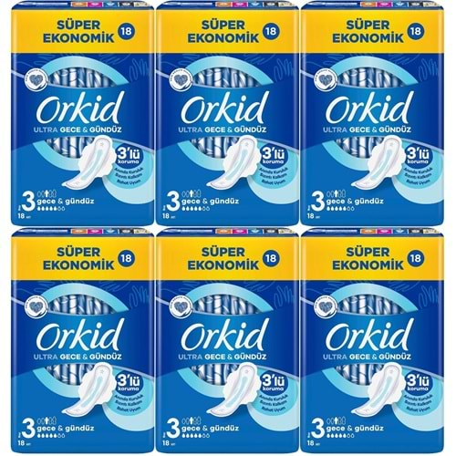 Orkid Hijyenik Ped Ultra Extra Koruma Gece&Gündüz 108 Adet Süper Ekonomik Pk (6PK*18)