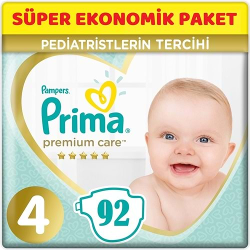 Prima Premium Care Bebek Bezi Beden:4 (9-14Kg) Maxi 92 Adet Süper Ekonomik Pk