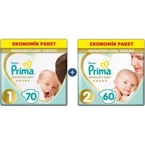 Prima Premium Care Bebek Bezi Beden:1 + Beden:2 130 Adet Yeni Doğan Seti Ekonomik Pk