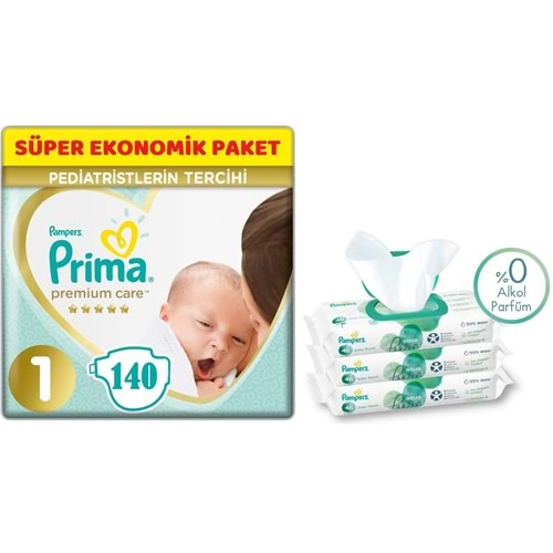 Prima Premium Care Bebek Bezi Beden:1 (2-5Kg) Yeni Doğan 140 Adet + 3 Lü Mendil Süper Ekonomik Pk