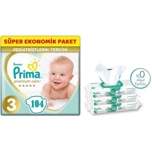 Prima Premium Care Bebek Bezi Beden:3 (6-10Kg) Midi 104 Adet + 3 Lü Mendil Süper Ekonomik Pk